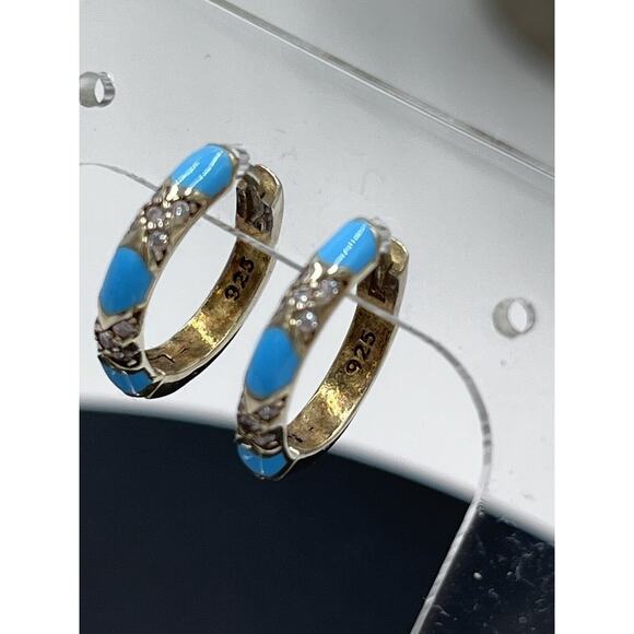 Blue Turquoise Pave Crystal CZ Gold Vermeil 925 Small Huggie Hoops‎ - Picture 12 of 15